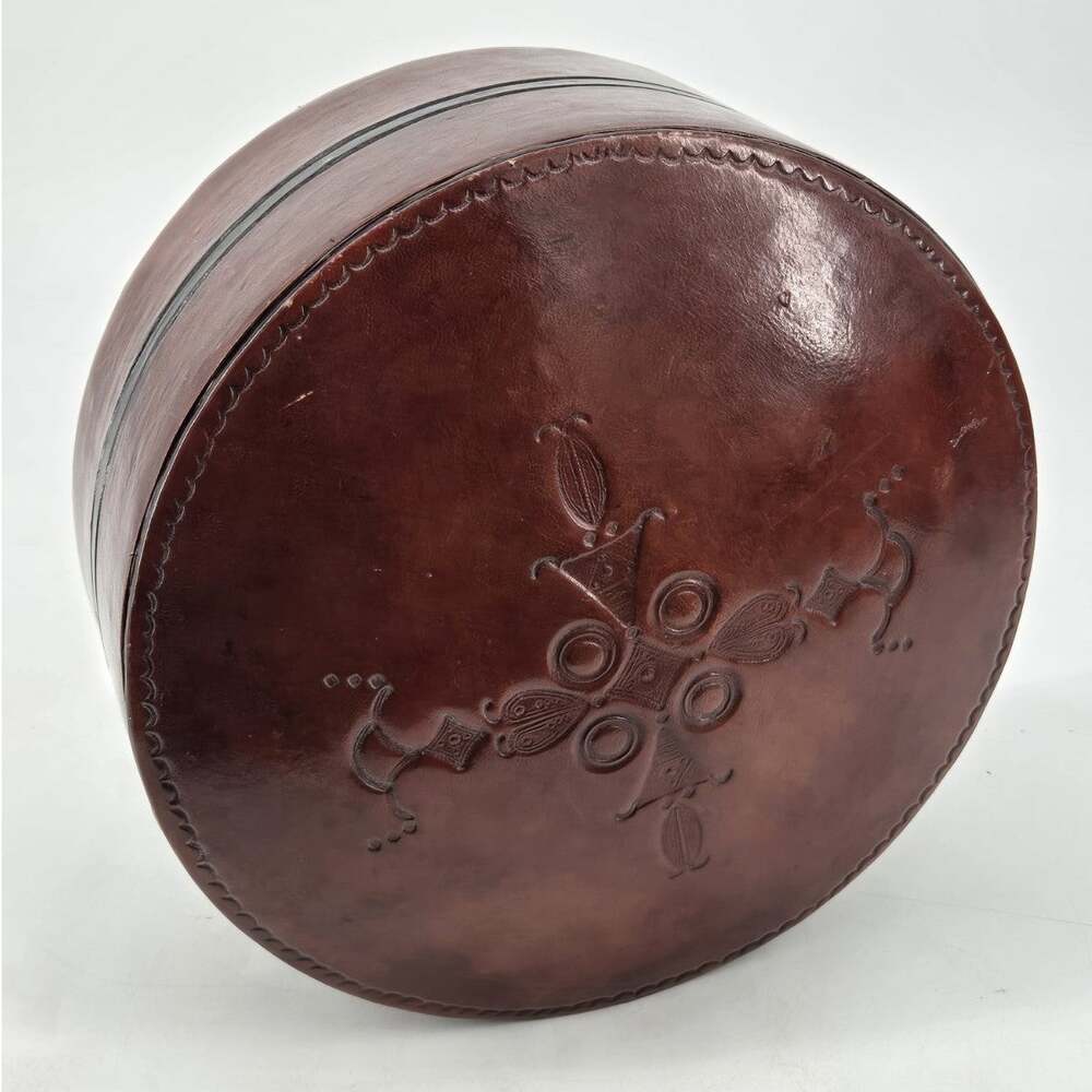 Vtg 70s Handmade Leather Wrapped Tooled African Tuareg Round Lidded Trinket Box